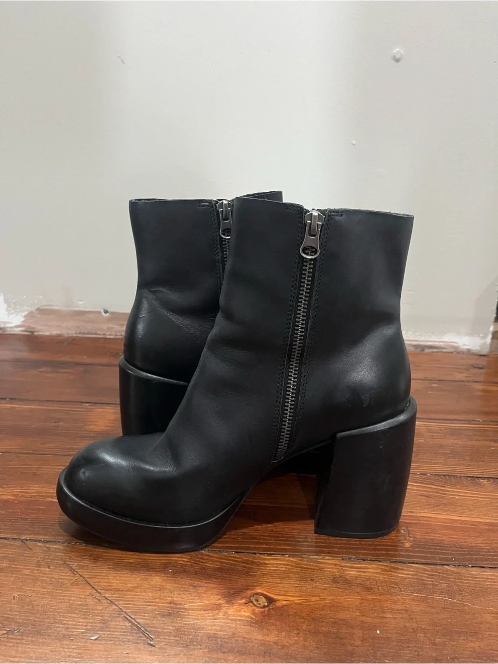 Kork-Ease Black Leather Platform Ankle Booties with Side Zip